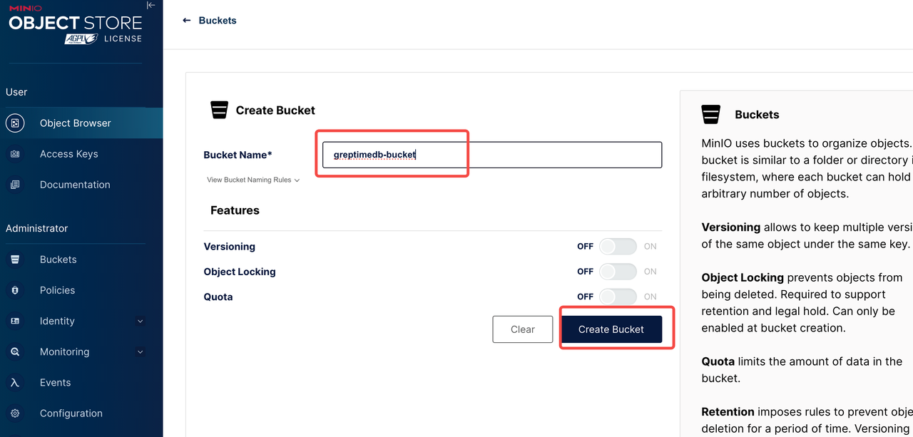 MinIO create bucket step 2